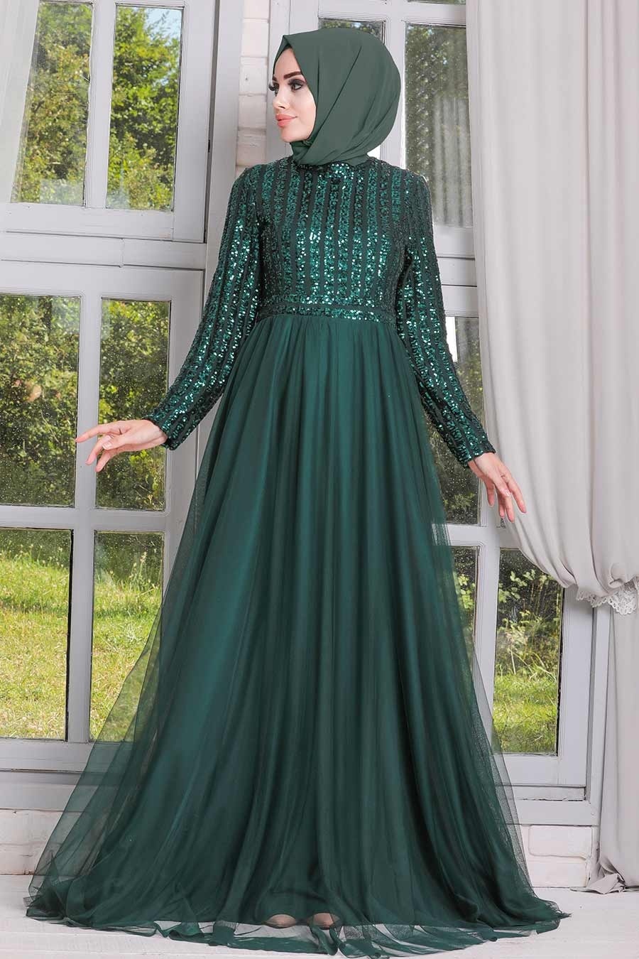 Tesettürlü Abiye Elbise - Pul Payetli Yeşil Tesettür Abiye Elbise 5338Y