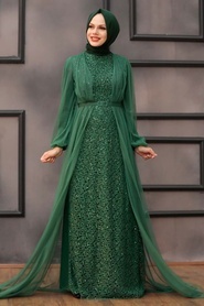 Tesettürlü Abiye Elbise - Pul Payetli Yeşil Tesettür Abiye Elbise 5383Y - Thumbnail