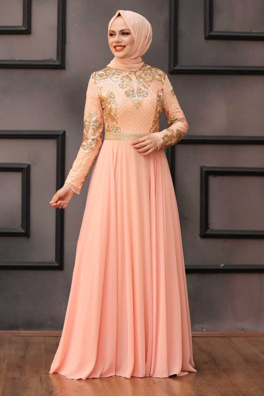 Tesettürlü Abiye Elbise - Salmon Pink Hijab Evening Dress 75790SMN