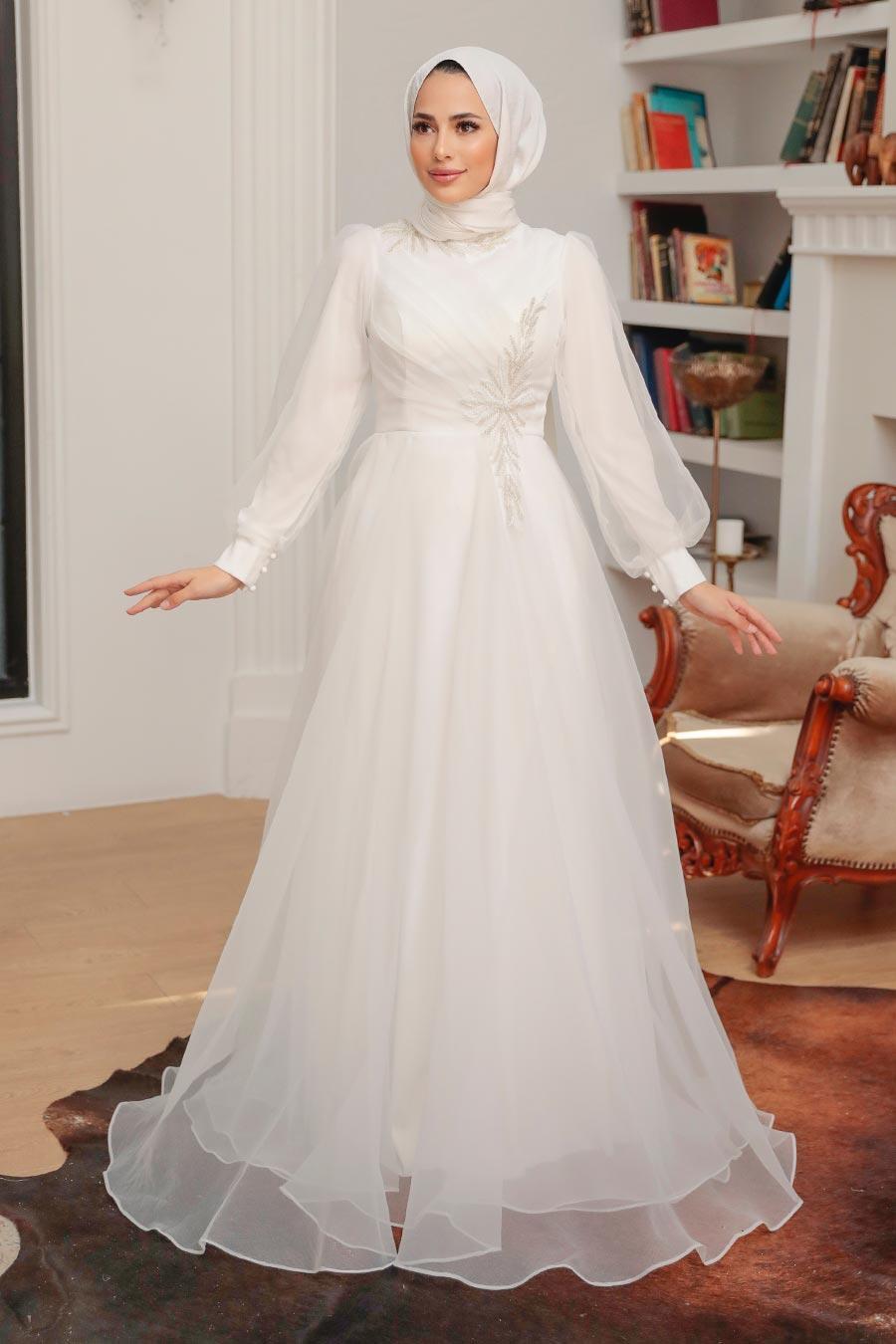Tesettürlü Abiye Elbise - Boncuk İşlemeli Beyaz Tesettür Abiye Elbise 22551B