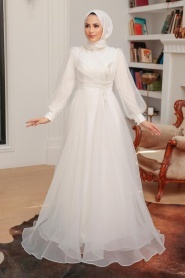 Tesettürlü Abiye Elbise - Boncuk İşlemeli Beyaz Tesettür Abiye Elbise 22551B - Thumbnail