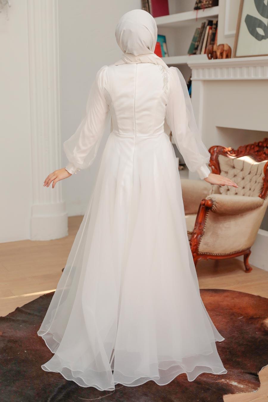 Tesettürlü Abiye Elbise - Boncuk İşlemeli Beyaz Tesettür Abiye Elbise 22551B