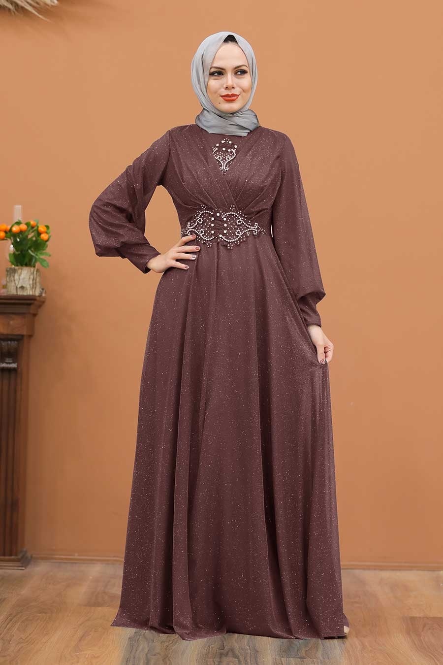 Tesettürlü Abiye Elbise - Simli Koyu Gül Kurusu Tesettür Abiye Elbise 50151KGK