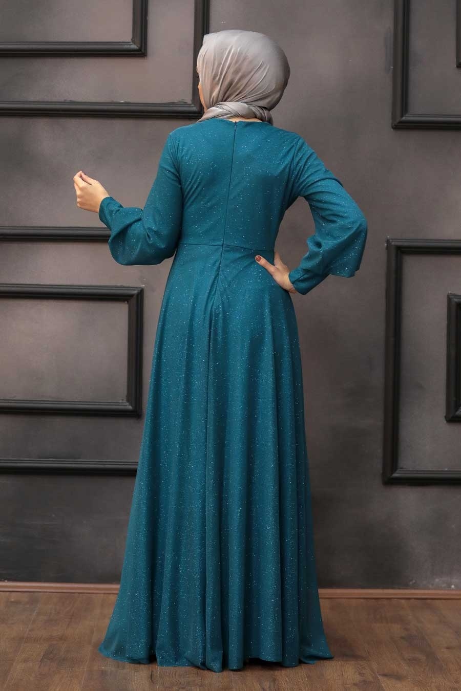 Tesettürlü Abiye Elbise - Simli Petrol Mavisi Tesettür Abiye Elbise 50151PM