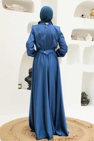 Tesettürlü Abiye Elbise - Tokalı Kemerli Saten İndigo Mavisi Tesettür Abiye Elbise 3378IM - Thumbnail