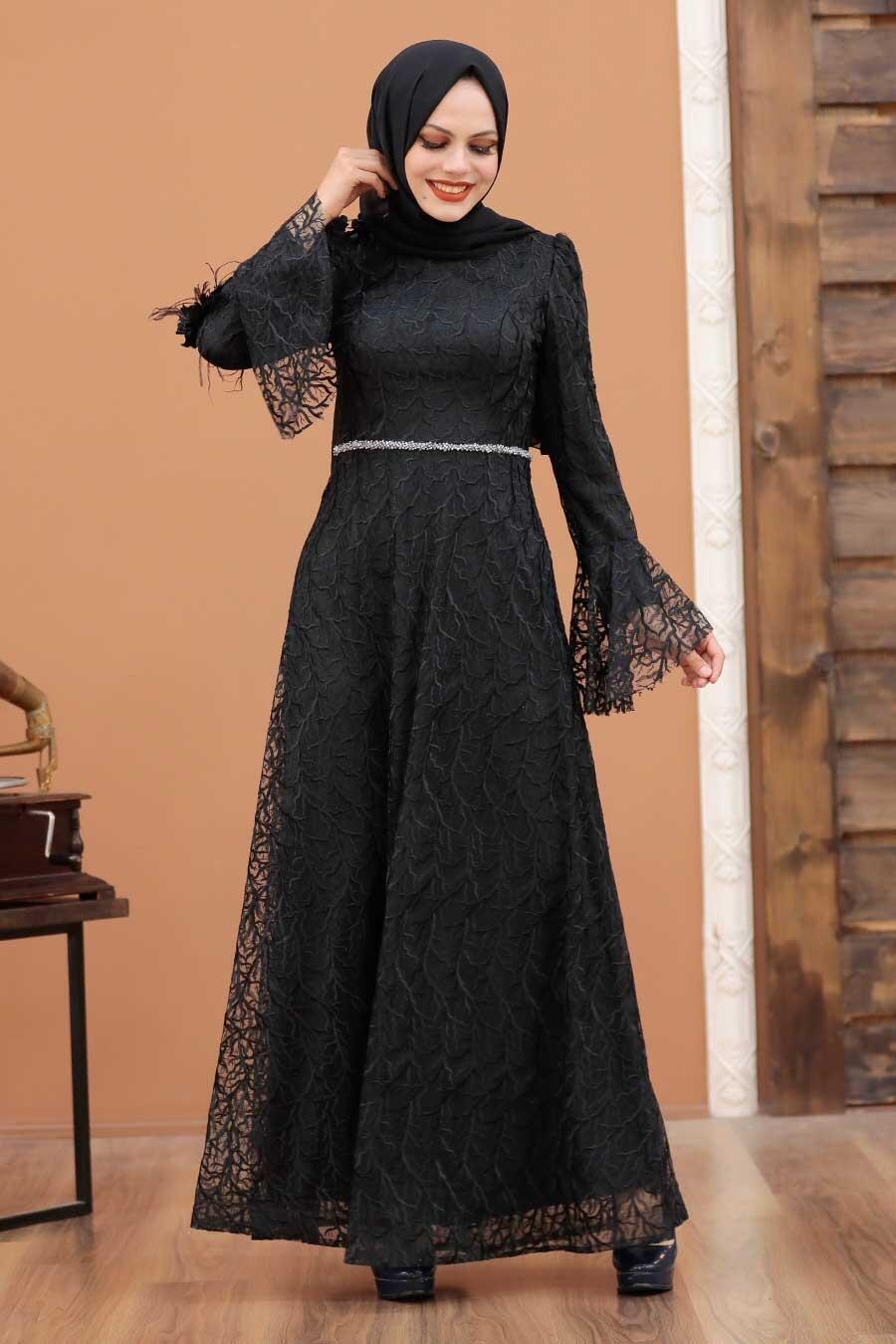 Tesettürlü Abiye Elbise - Üç Boyutlu Çiçekli Siyah Tesettür Abiye Elbise 3938S