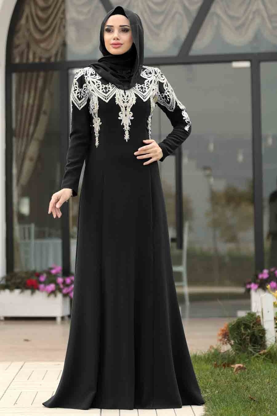 Tesettürlü Abiye Elbise - Üstü Dantel Detaylı Siyah Tesettür Abiye Elbise 20130S