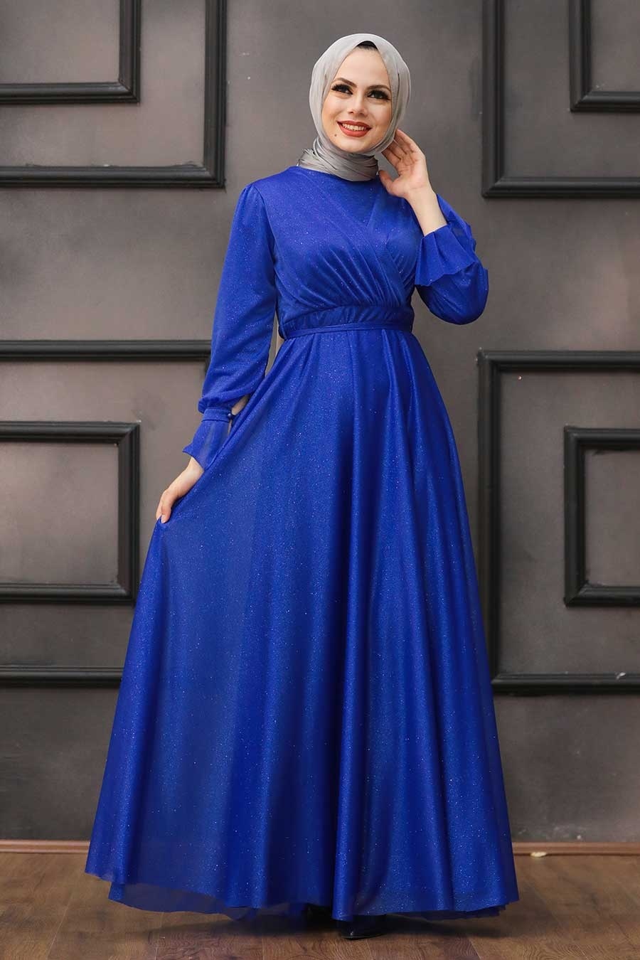 Tesettürlü Abiye Elbiseler - Sax Mavisi Tesettür Abiye Elbise 22202SX